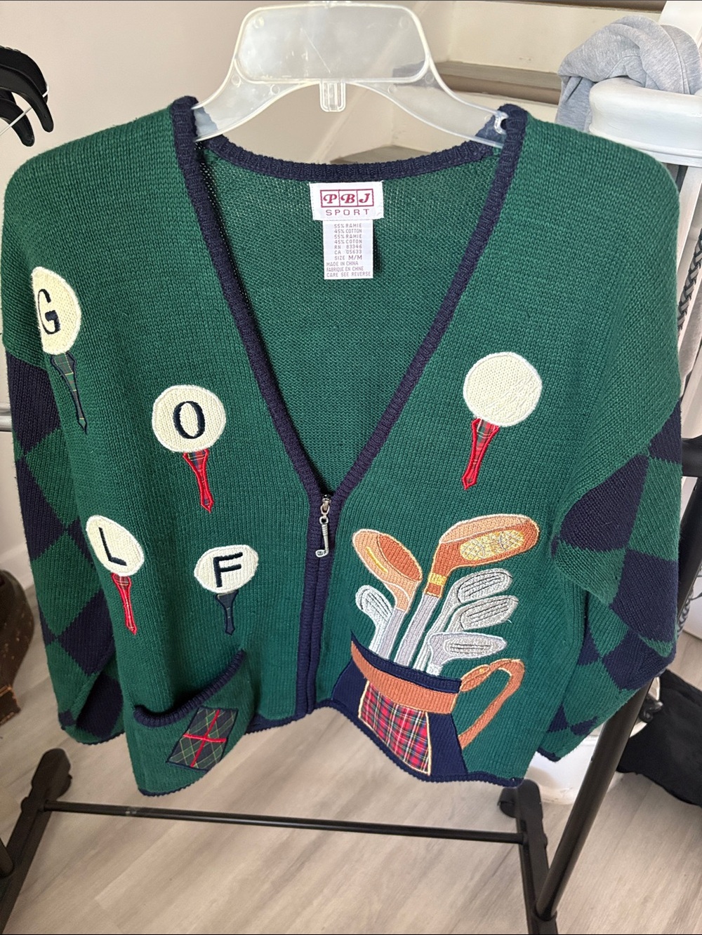 Vintage PBJ Sport Green Golf Appliqué Zip-Up Sweater